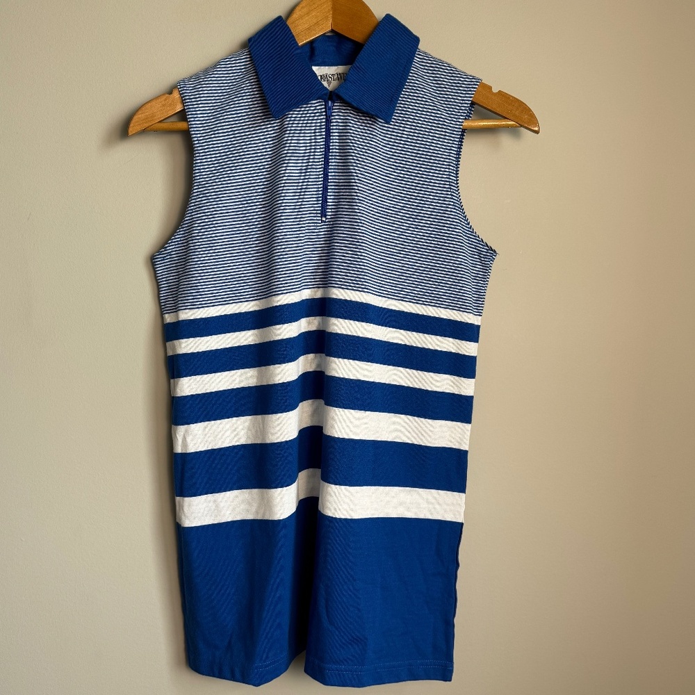 East West Women's Vintage Zipper Sleeveless Polo Shirt Blue Small Nautical Yacht